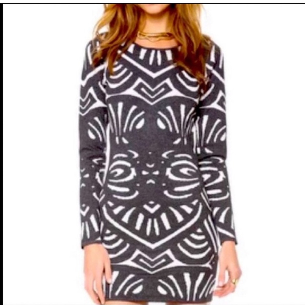 Parker Aztec Bodycon Stretch Knit Dress
Metallic Dark‎ Gray White Size Small